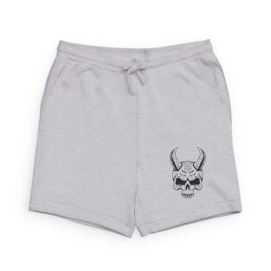 Demon Skull Sweatshorts — Red Horned Skull Embroidered Fleece Shorts