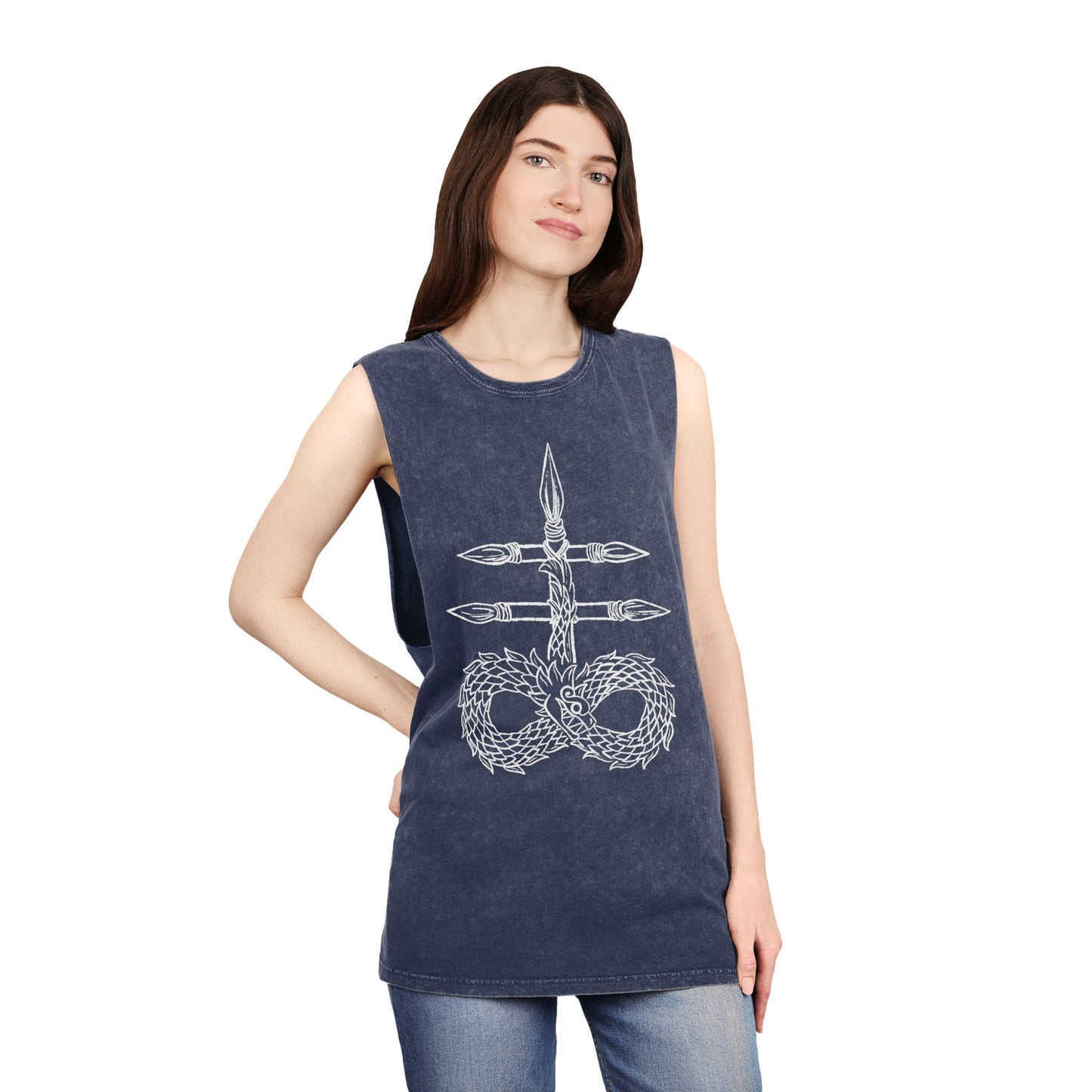 Unisex Stonewash Tank Top with Intricate Design, Casual Wear, Bohemian Style, Perfect for Summer Festivals, Unique Gift Idea