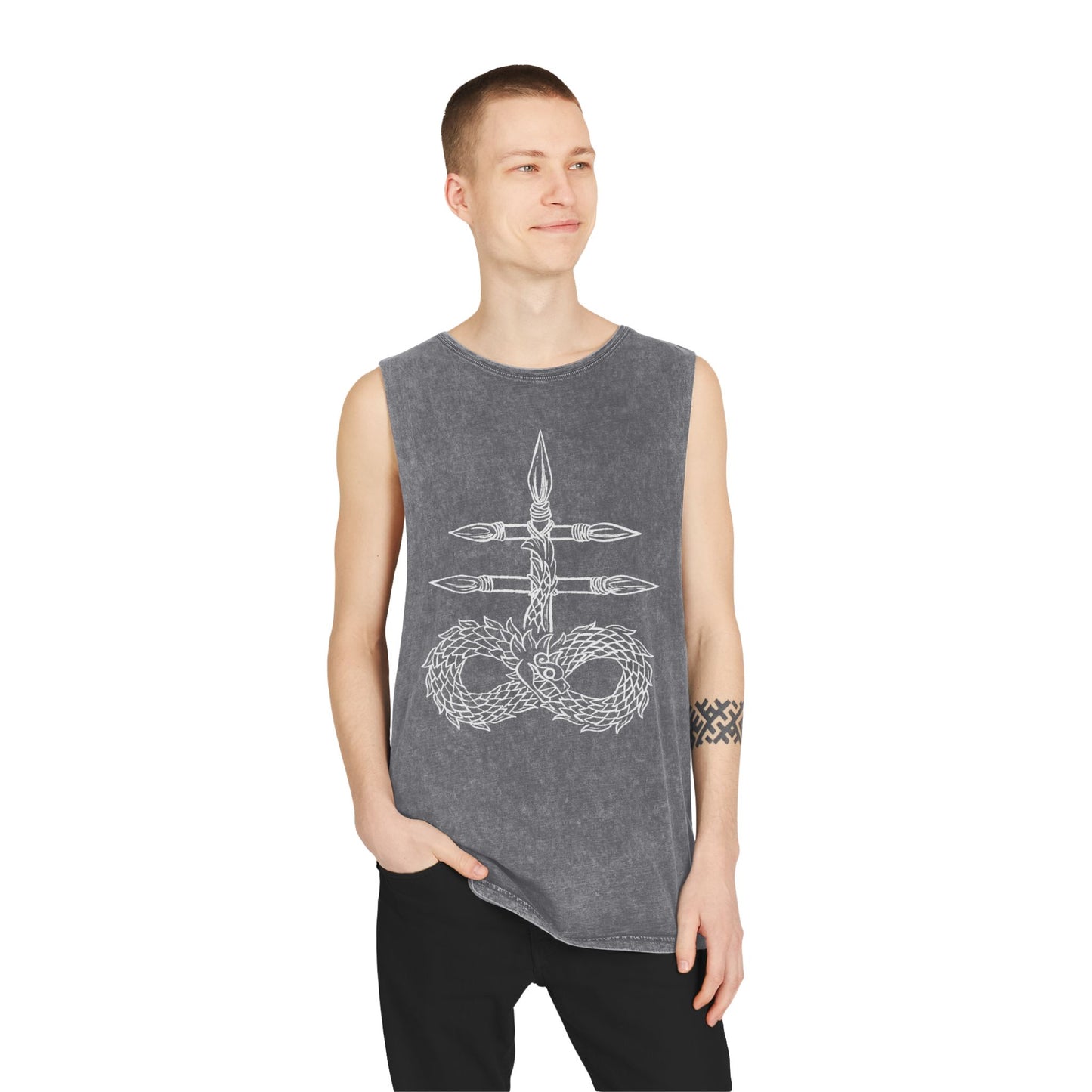 Unisex Stonewash Tank Top with Intricate Design, Casual Wear, Bohemian Style, Perfect for Summer Festivals, Unique Gift Idea