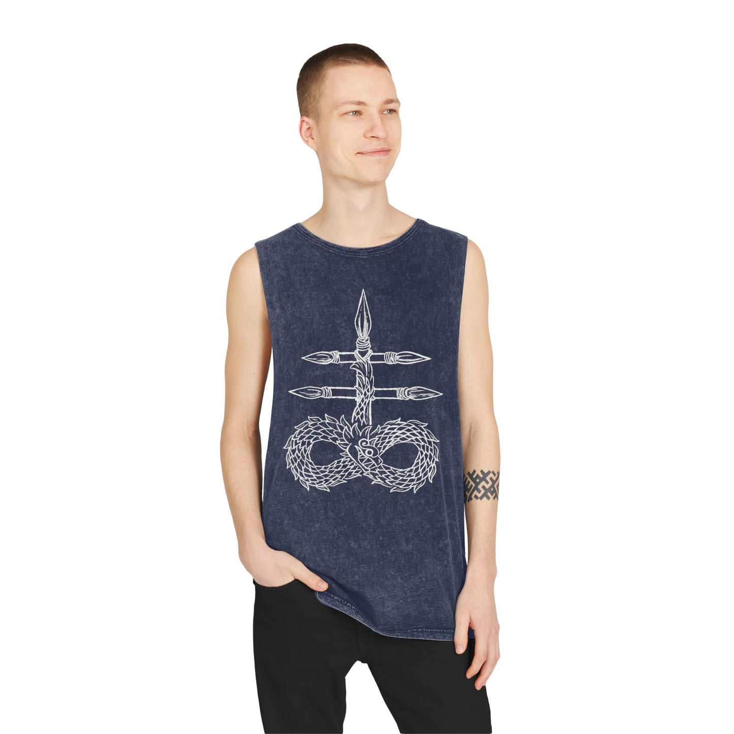 Unisex Stonewash Tank Top with Intricate Design, Casual Wear, Bohemian Style, Perfect for Summer Festivals, Unique Gift Idea