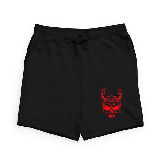 Demon Skull Sweatshorts — Red Horned Skull Embroidered Fleece Shorts