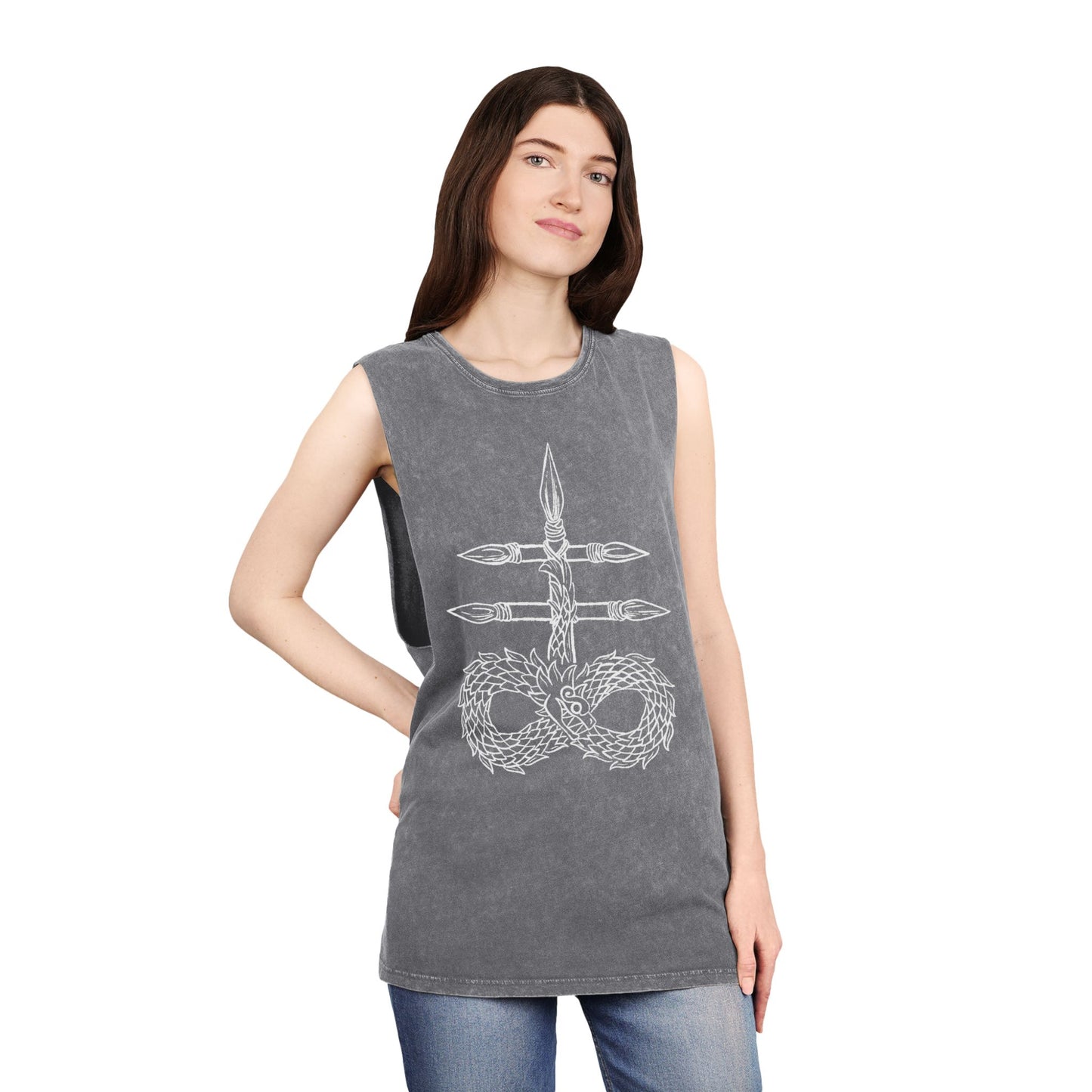 Unisex Stonewash Tank Top with Intricate Design, Casual Wear, Bohemian Style, Perfect for Summer Festivals, Unique Gift Idea