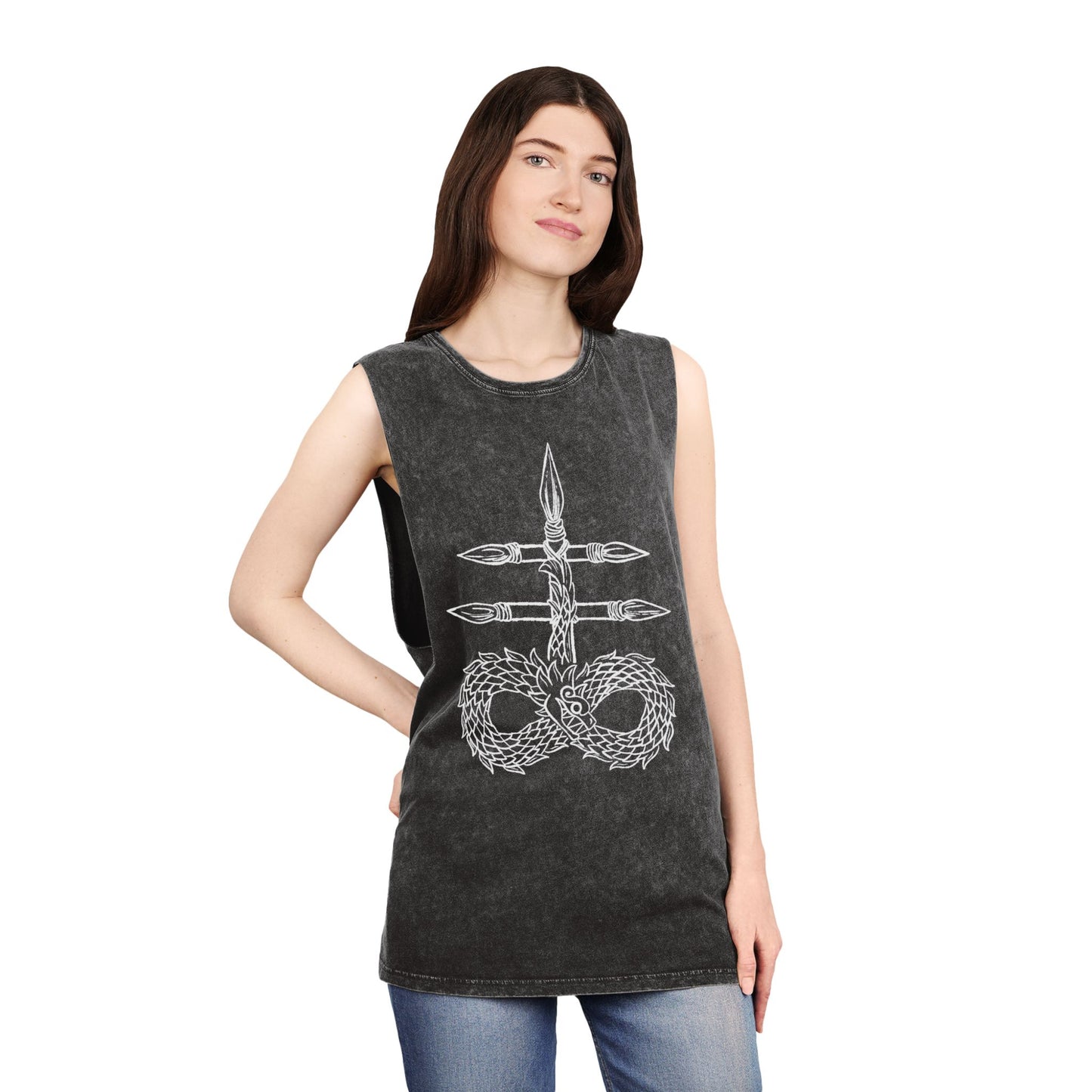 Unisex Stonewash Tank Top with Intricate Design, Casual Wear, Bohemian Style, Perfect for Summer Festivals, Unique Gift Idea