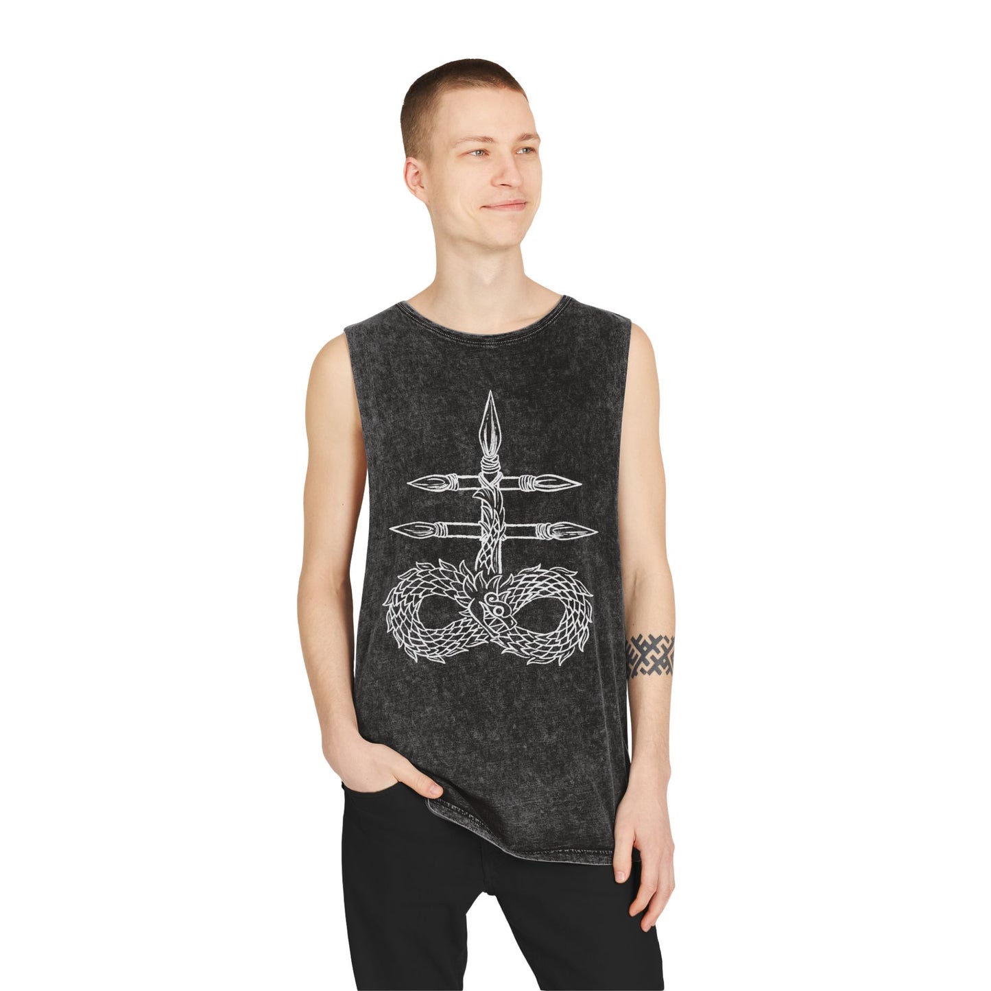 Unisex Stonewash Tank Top with Intricate Design, Casual Wear, Bohemian Style, Perfect for Summer Festivals, Unique Gift Idea